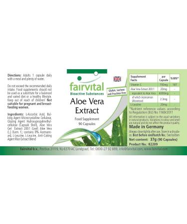 Fairvital Aloe Vera Capsules - Vegan - 90 Capsules - Pure Aloe Vera Barbadensis for Digestive Health & Wellness - International Shipping Available - Buy Online on GoSupps.com