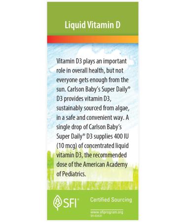Carlson - Baby's Plant-Based Super Daily D3, Baby Vegetarian Liquid Vitamin D Drops, 400 IU (10 mcg) per Drop, Sourced from Algae, for Infants and Toddlers, Unflavored, 90 Drops (2.54 mL) - Buy Online on GoSupps.com