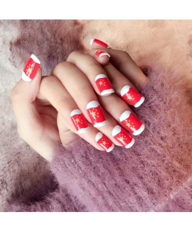 Hull artificial nails star flag fake nail china red flag white women acrylic fake nail set 24 pieces with perfect double -sided stickers