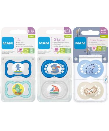 MAM Original & Air Silicone Pacifier Set for Boys (6-16 Months) | 6 Pacifiers + 3 Sterilization Boxes | International Shipping - Buy Online on GoSupps.com