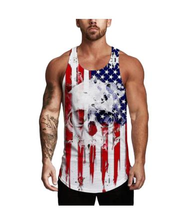 American Vintage Flag Men Tank Tops, Workout Tank Tops USA Stripes and Star Gift Vest Muscle T-Shirt White Medium