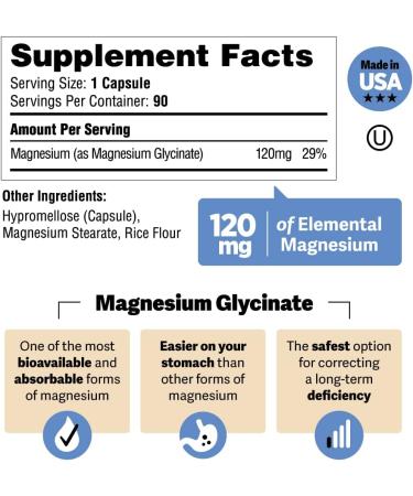High Absorption Magnesium Glycinate Supplement - 120mg Elemental Magnesium - Non-GMO, Vegan - 90 Capsules - Buy Online on GoSupps.com