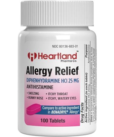 Heartland Pharma Diphenhydramine HCI | Diphenhydramine Allergy Relief | Antihistamine Diphenhydramine 25 mg Tablets | 100 Count