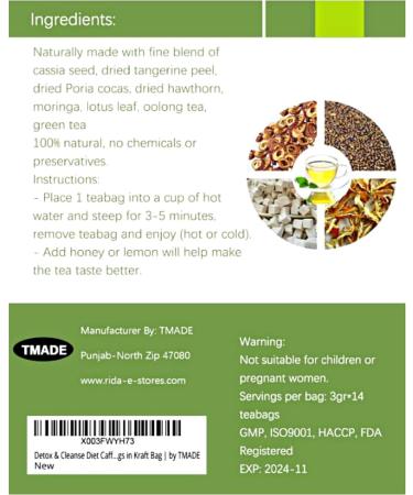 TMADE Detox Colon Cleanse Tea - 14 Tea Bags, Caffeine-Free, Non-GMO Herbal Blend for Flat Tummy, Digestion, Metabolism, and Belly Relief - Buy Online on GoSupps.com