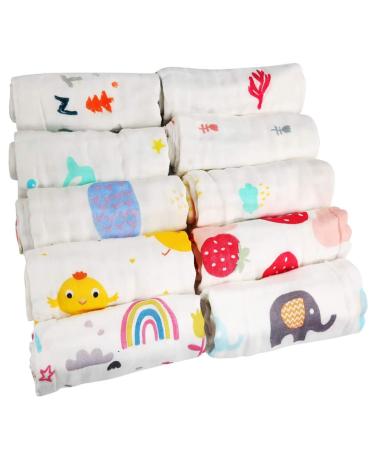 10Pcs Baby Muslin Washcloths muslin cloths for baby Absorbent&Breathable Muslin Face Cloths Reusable Baby Cotton Squares Face Shower Bath Towel Soft Baby Wiping Bathing Feeding Towel(random pattern)