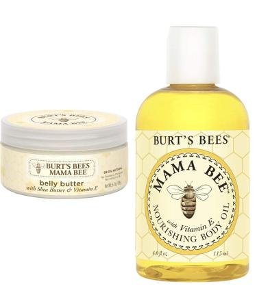 Burt's Bees Mama Bee Belly Butter, Fragrance Free Lotion, 6.5 Ounce Tub + 100% Natural Mama Bee Nourishing Body Oil, 4 Fl Oz Belly Butter & Body Oil