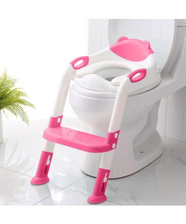 Potty Training Seat with Step Stool Ladder, Potty Training Toilet Seat for Boys Girls Kids Toddlers, Soft Cushion, Safety Handle, Anti-slip Step Pads, Baby Toddler Potty Seat for Toilet Baby Pink