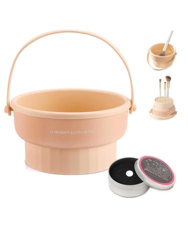 YHSKJCD Makeup Brush Cleaner Mat 3 in 1 Makeup Brush Cleaner Bowl with Brush Drying Holder Cosmetic Brush Cleaning Tool Organiser for Cleaning & Storage & Air Dry (Khaki)