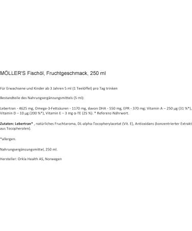  M LLER'S Moller's Fish Cod Liver Oil with Omega 3 Vitamins Fruit Flavour 250 Ml Liquid Supplement Made in Norway 2 Bottles - Buy Online on GoSupps.com