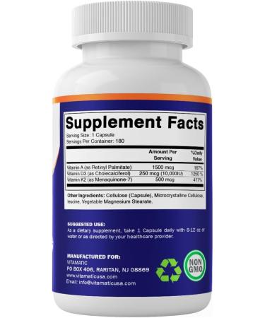 Vitamatic ADK Vitamin Supplement, 180 Veg Capsules, High Potency Vitamins A, D3, K2 for Bone Health, Calcium Absorption, Non-GMO, Gluten Free - 2 Pack - Buy Online on GoSupps.com