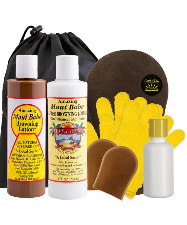 Maui Babe Browning Lotion 8oz & Maui Babe After Browning Lotion 8oz (9 Pc Deluxe Maui Babe Package) Outdoor Tanner & After Sun Enhancer Lotion Kit with Tanning Mitts Travel Bottle Draw String Bag & 2 Exfoliation Gloves...