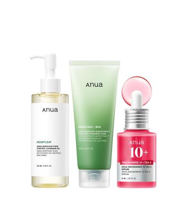 Anua 3-Step Glass Skin Beginner Set Double Cleansing with Facial Serum Oil Cleanser & Face Wash with Heartleaf Daily Routine with Niacinamide Korean Skincare Set