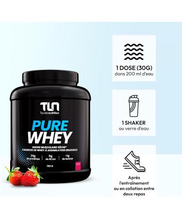 Pure Whey | 81% Protein in 2 Sources | Rich in BCAA Glutamine and Casein | Gradual Assimilation | Fast and Dry Bodybuilding | Low Calorie | 750g | Smooth Strawberry Flavor | TLN - Buy Online on GoSupps.com