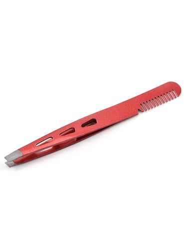 Stainless Steel Slant Tip Tweezer with eyebrow Comb  Precision Stainless Steel Hair Removal Tweezers and Professional Eyebrow Shaping (Red) Red silver