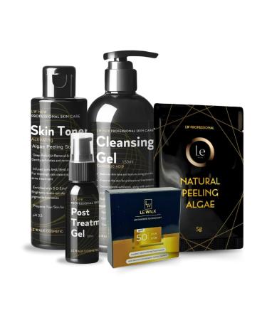 Le Walk Professional Skincare Set 5-Piece Algae Peeling Kit with Toner Cleansing Gel Post Treatment Gel and SPF50 Powder