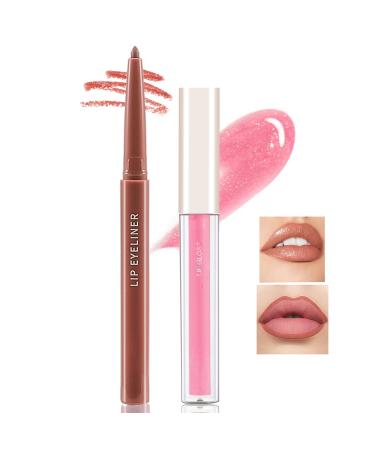 Boobeen Matte Lip Liner Pencil and Liquid Lipstick Set  Nude Dark Red Lip Makeup Long Lasting Waterproof Lipliner Pens & Plumper Lipgloss Velvet Lip Glaze Set Gift for Women and Girls C-01+01