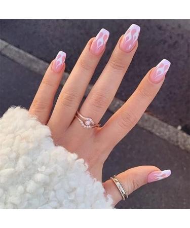 VATOCU Short Pink French Flame Coffin Press-On Nails - 24 Shiny Ballerina Nail Tips for Women & Girls - Buy Online on GoSupps.com