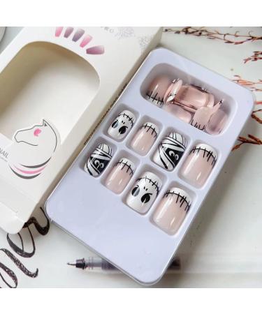 24Pcs Halloween Press on Nails - Mummy & Skull Designs - Short Glue On Full Cover Fake Nails for Women & Girls - Perfect Nail Art Decor for Halloween - Buy Online on GoSupps.com
