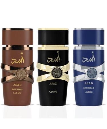 LATTAFA Asad Asad Zanzibar & Asad Bourbon EDP Sprays 100ML (3.4 OZ) A Trio Of Bold Spicy & Warm Scents That Blend Sophistication With A Daring Edge. (ASAD SIGNATURE TRIO) - Buy Online on GoSupps.com