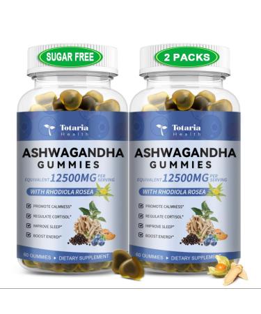 (2 Packs) Sugar Free Ashwagandha Filled Gummies w/Vitamin D3 Magnesium Glycinate Rhodiola Ultra Strength Ashwa Root Supplements for Women & Wen for Relaxation Energy Cortisol Gummies 60 Count (Pack of 2)