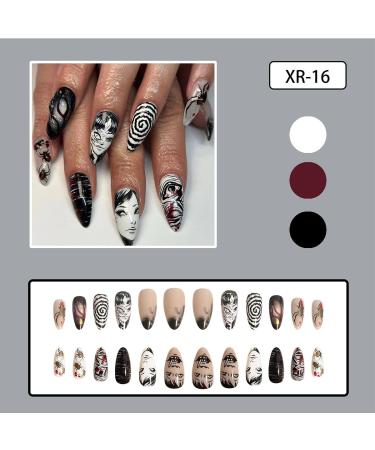 24 Pcs Medium Stiletto Almond Press on Nails - Black & White Punk Design Glue on Acrylic Full Cover - Gothic Anime Cartoon False Nails for Women & Girls - Buy Online on GoSupps.com