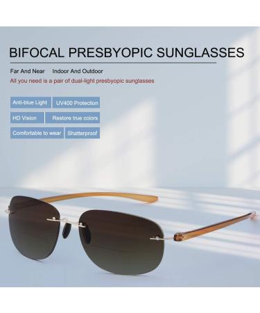 Rimless Bifocal Reading Glasses Sunglasses for Men & Women - UV Protection Brown 1.5x - Buy Online on GoSupps.com
