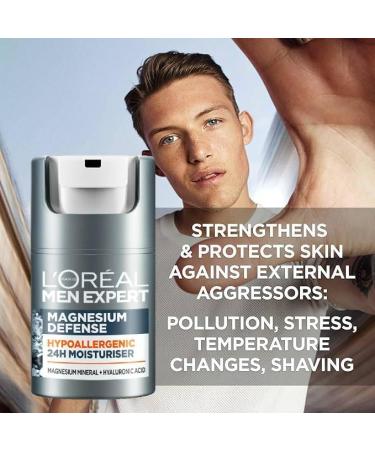 L'Or al Paris Men Expert Sensitive Skin Moisturiser 50ml - Magnesium Defence & Hyaluronic Acid | Hypoallergenic 24H Daily Moisturiser - Buy Online on GoSupps.com