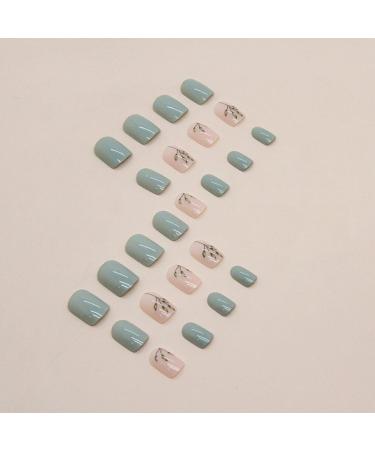 Justotry 24 Pcs Olive Short False Nails - Trendy Green Leaves Pattern | Medium Squoval Press-On Nails with Nail Glue for Women and Teens - Buy Online on GoSupps.com