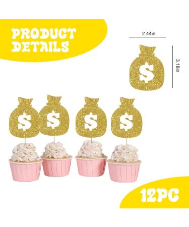 Money Bag Cupcake Toppers 12pcs Dollar Sign Cupcake Toppers American Dollar for Casino Wedding Birthday Festival Party Decoration Gold Glitter Casino Party Decor. - Buy Online on GoSupps.com