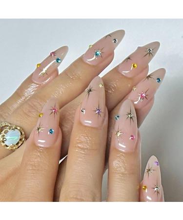 Short Almond Press on Nails Chrome Fake Nails Colorful Star Nails with Rhinestones Glitter Full Cover Stick on Nails Nude Pink False Nails Glue on Nails for Women Girls Acrylic Nails Decorations
