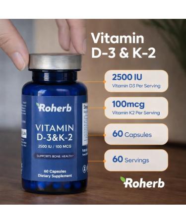 Roherb Vitamin D3 & K2 Capsules 2500 IU Vitamin D3 with 100 mcg Vitamin K2 (MK-7) Halal 60 Capsules - Buy Online on GoSupps.com