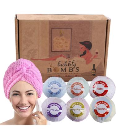 Natural Bubble Bath Bombs Gift Set with Shea & Coco Butter | Organic Spa Stuff for Women | Scented Bath Bomb Set | Mother's Day Gift with Bonus Pink Hair Towel - Buy Online on GoSupps.com