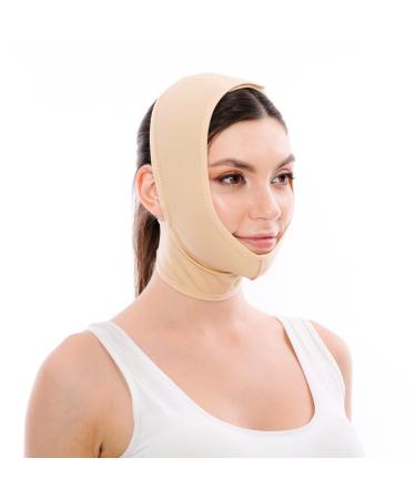 Post Surgery Facial Compression Neck Coverage Chin Strap, V-Shaped Face Slimmer, Jowl Tightening Chin Lifting Double Chin Reducer Band (M/L, Beige) Medium/Large Beige