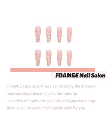 FOAMEE Long Coffin Glitter Sequins Press on Nails - Pink Heart Design | Rhinestone False Nails for Women - Buy Online on GoSupps.com