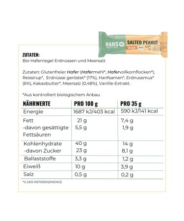 Hans Brainfood Bio Energieriegel - Vegan Power Bars | 16 Salted Peanut Oat Bars for Cycling Hiking & Sport | Additive-Free Energy Snacks - Buy Online on GoSupps.com