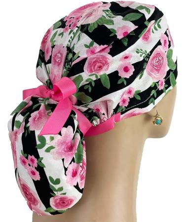 Pink Rose Striped Ponytail Scrub Cap | Unisex Surgical Hat for Nurses | Tie Back Working Cap with Holder - Buy Online on GoSupps.com