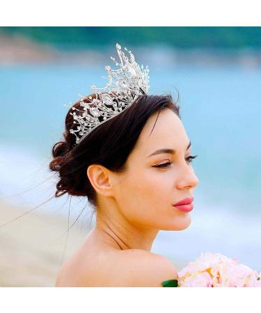 Catery Silver Baroque Queen Crown and Tiara - Crystal Pearl Wedding Tiara for Bride - Rhinestone Princess Tiara for Women and Girls - Buy Online on GoSupps.com