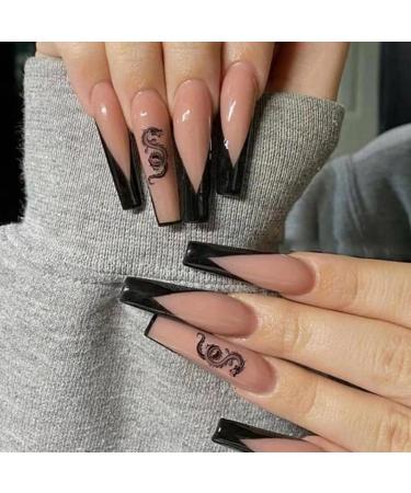 French Tip Press on Nails - Long Ballet Press On Nails with Nail Tips Dragon Pattern press on nails Acrylic False Nails Cute Artificial Nails