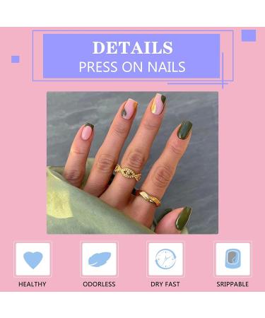 24Pcs Short Green Square False Nails - Elegant French Press on Nails with Glue Sticker - Acrylic Full Cover Stick on Nails for Women and Girls - DIY Nail Art Decoration - Buy Online on GoSupps.com