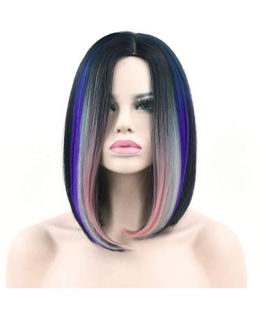 LFMDJF Synthetic Hair Black to Brown Color Short Straight Wigs High Temperature Fiber Wig for Women 16inches T1B/613 T1B/Light Grey