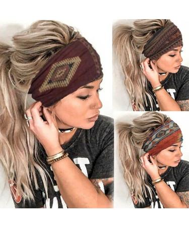 CAKURE Boho Headbands Wide Turban African Head Wraps Stretchy Hairbands Cloth Head Bands Floral Headband Hair Accessories for Women and Girls Pack of 3 (Type A)