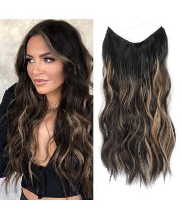 Invisible Secret Hair Extensions with Adjustable Size Removable Clips 20inch Long Hair Brown with Highlights Synthetic One Piece Curly Hair Pieces for Women 20 Inch Natural Black to Caramel Blonde