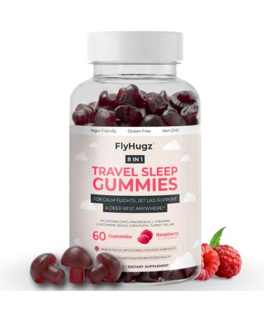 FlyHugz Travel Sleep Support Gummies for Adults with Melatonin L Theanine and Magnesium 60 Vegan Gummies 30 Day Supply Supports Relaxation Calm and Restful Sleep Raspberry Flavor
