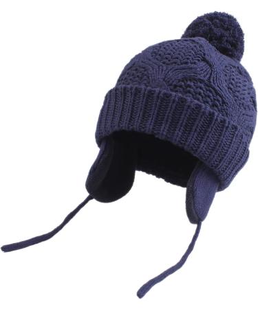 Pesaat Knitted Baby Winter Beanie Earflap Hat | Fleece Lined, Pompom Detail | Infant Toddler Boys Girls 0-6 Months Navy - Buy Online on GoSupps.com
