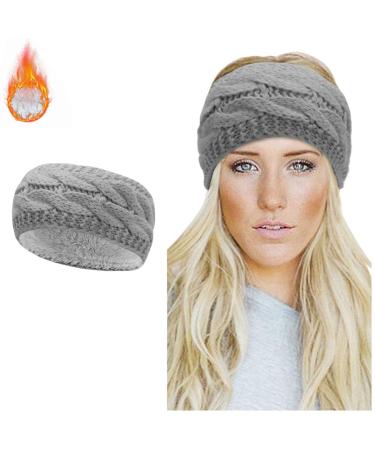 Winter Knitted Headband - Women Ear Warmer Chunky Crochet Braided Hair Band Wraps Turban Sports Yoga Hairband Fleece Lined Elastic Wide Headbands for Women UK (grey)