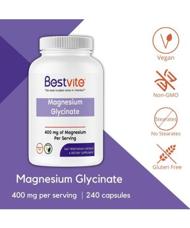 BESTVITE Magnesium Glycinate 400mg - 240 Vegetarian Capsules, Vegan, Non-GMO, Gluten Free - Buy Online on GoSupps.com
