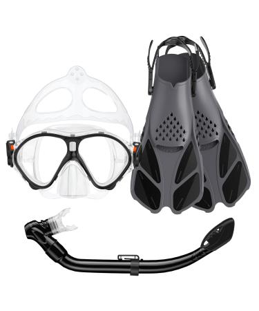 Seovediary Kids Snorkel Set, Mask Fins Snorkeling Gear for Kids Anti-Fog Swim Goggles 180 Panoramic View Dry Top Snorkel and Dive Flippers Combo with Travel Bag for Snorkeling Training Swimming Diving Black