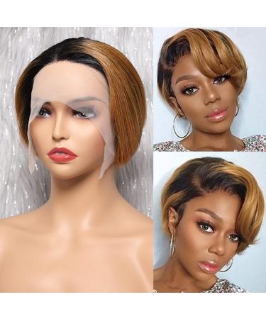 Pixie Cut Wig Human Hair 1B/30 Ombre HD Lace Front Wig Human Hair, 13x6x1 Short T Part Lace Wig Human Hair Wigs For Black Women Ombre Brown Pixie Wig 1B-30 Brown 13x4 Side T Lace Wig