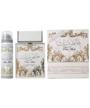 Lattafa Perfumes Pure Musk 2 Piece Set for Unisex (3.4 Ounce Eau de Parfum Spray + 1.7 Ounce Perfumed Body Spray) Oriental 5.1 Fl Oz (Pack of 1)