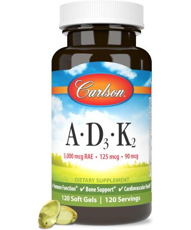 Carlson - Vitamins A D3 K2 3000 mcg RAE Vitamin A 125 mcg Vitamin D3 90 mcg Vitamin K2 as MK-7 Bone Building Calcium Utilization 120 Soft Gels 120 Count (Pack of 1) - Buy Online on GoSupps.com